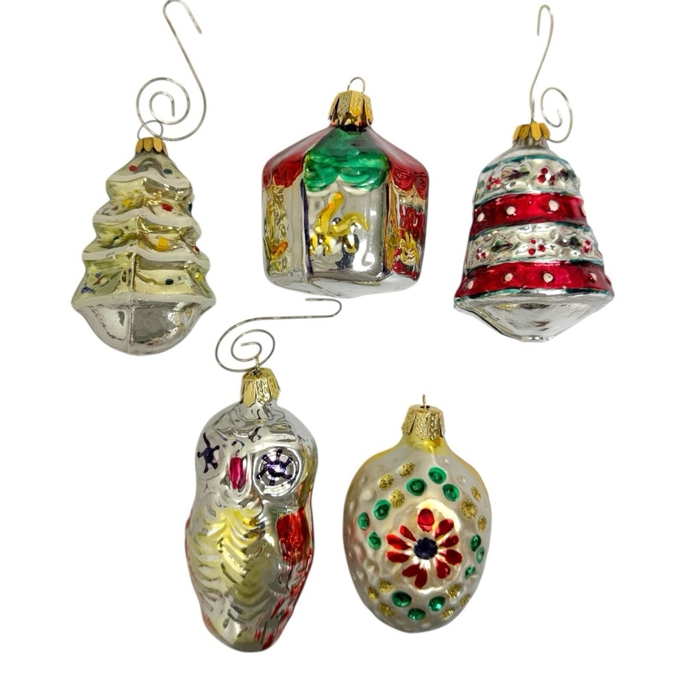 Vintage Blown Glass Colorful Hand Painted Holiday Christmas Ornaments Lot Of 5